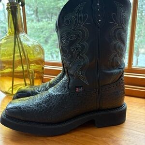 Justin Boots Black Heeled Western Boots with Ornate Design